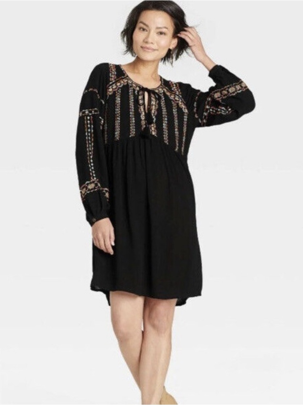 Knox Rose Black Embroidered Long-Sleeve Dress